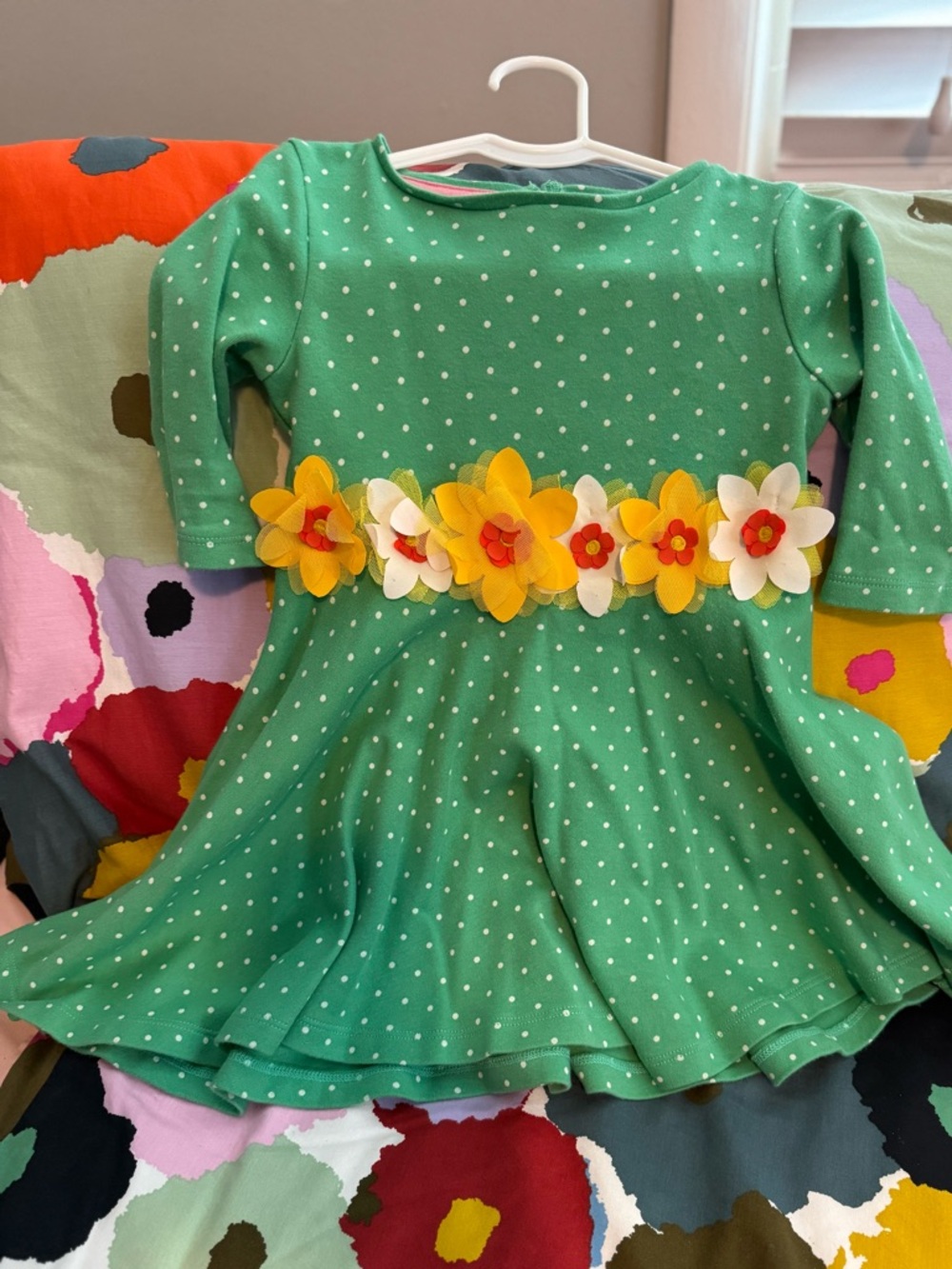 Mini Boden Green polka dot dress with 3-D flowers, 2-3 Yrs